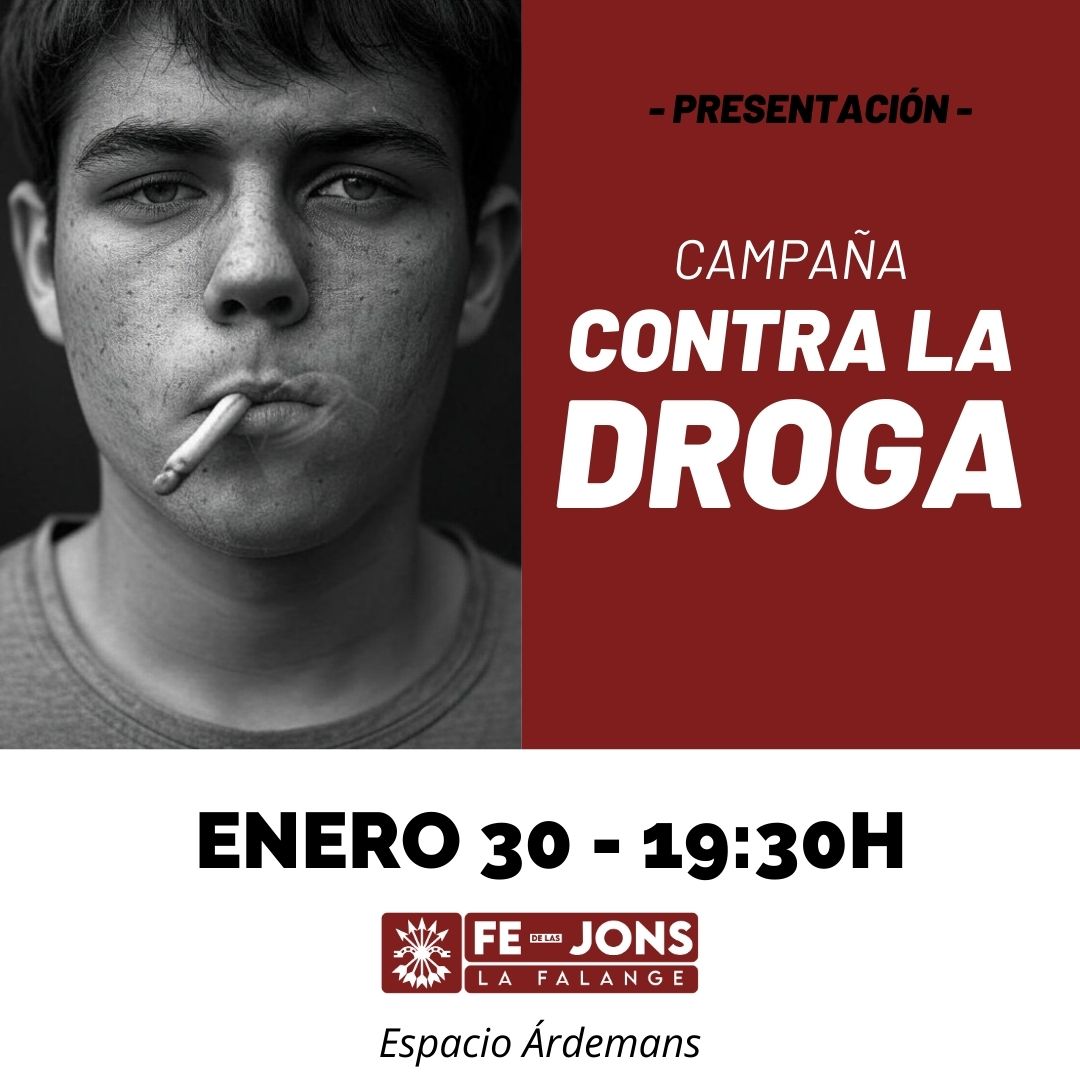 falange_madrid's tweet photo. Joven drogado, triunfo del Estado.

Ponemos en marcha una campaña de denuncia contra la permisividad en el consumo de drogas.

Acude al acto de presentación:

🗓️ Jueves 30 enero
🕢 19:30 h.
📍Ardemans, 66 Madrid https://t.co/oMrLGaWUOT