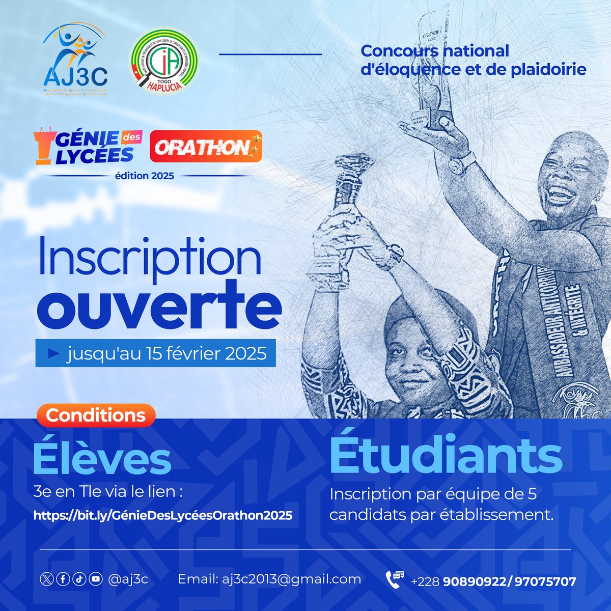C'est reparti !💫

Élèves, étudiants inscrivez-vous dès maintenant.

De belles surprises et innovations en cette édition 🔥

📆Date limite : samedi 15 février 2025
🪢Lien d´inscription : bit.ly/GénieDesLycées…

#GDL2025 #GDL_ORATHON2025