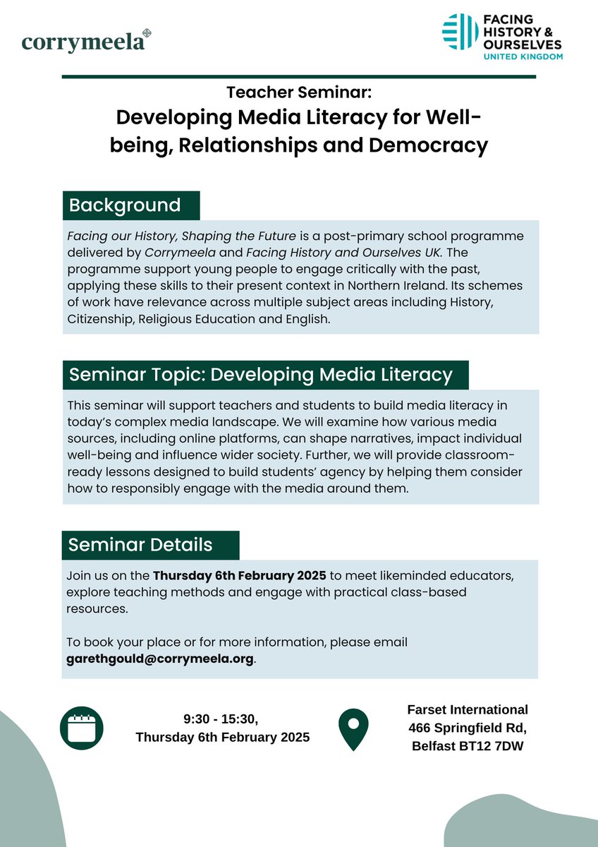 Attention teachers! We have spaces and subcover available for a teacher training on Developing Media Literacy in the classroom delivered in partnership with Facing History UK. For more details on this funded training and how to register, check out the attached flyer.