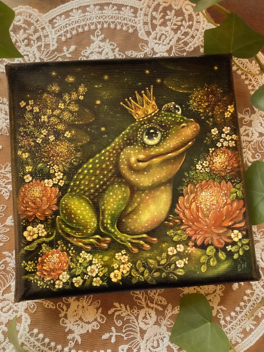 I’ve begun a series of small oil paintings that I plan to display on my table at upcoming conventions. The first painting in the series is ‘The Frog Prince’. 15x15 cm, oil on canvas.