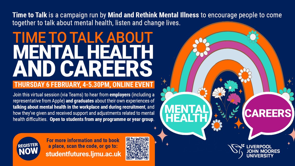 📢 Time to Talk about Mental Health and Careers - Thurs 6 Feb, 4-5.30pm, online event
Hear from employers (including a rep from Apple) &amp; graduates about their own experiences of talking about mental health in the workplace and during recruitment.  Book: bit.ly/3Cnhwud