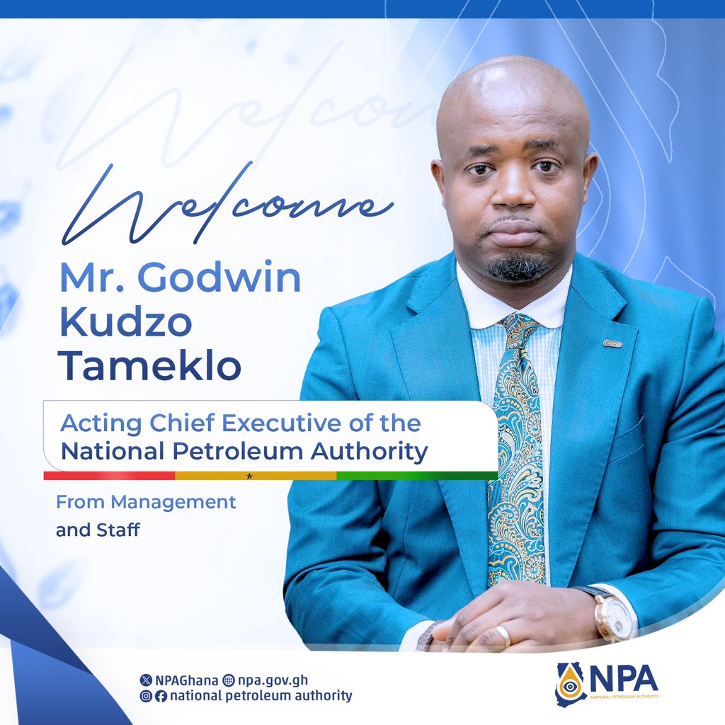 NPAGhana's tweet photo. We are pleased to announce that, Mr. Godwin Kudzo Tameklo  Esq. has officially assumed office as the new Chief Executive of the National Petroleum Authority. 

We warmly welcome him to his new role. We’re committed to supporting him in realizing his vision for the Authority. 

Congratulations Sir!!!🎊🎊🎊🎊🎊🎉🎉🎉🎉