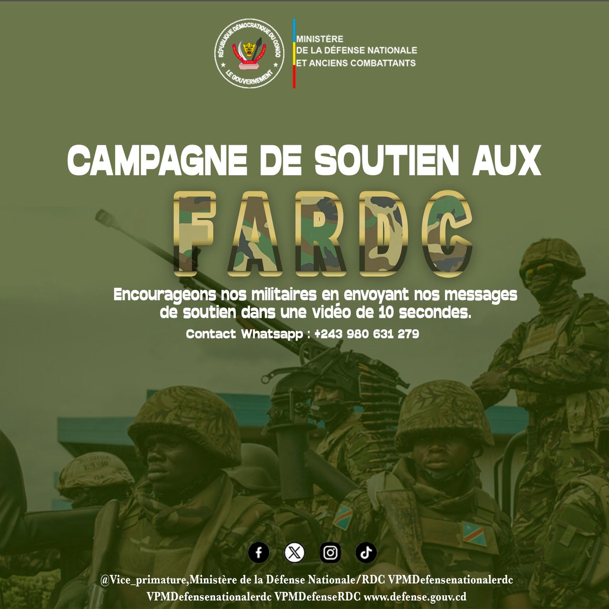 VPMDefenseRdc's tweet photo. En ces moments, nos vaillants militaires  #FARDC et #Wazalendo combattent sans relâche les agresseurs et terroristes du #M23_AFC, soutenus par le #RWANDA.
Encourageons-les par nos messages de soutien. https://t.co/AqIuBreVFQ