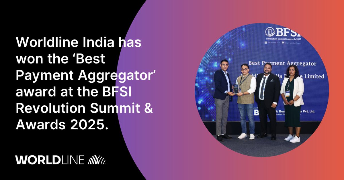 WorldlineMS's tweet photo. We’re thrilled to announce that #Worldline India has won the ‘Best Payment Aggregator’ award at the BFSI Revolution Summit &amp; Awards 2025 in Mumbai.
 
Here’s to pushing boundaries and shaping the future of digital payments!

#DigitalPayments #WorldlineIndia #PaymentAggregator https://t.co/KIh5tn46o9