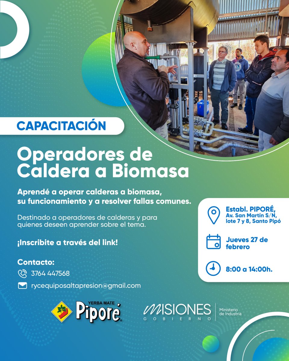 IndustriaMnes's tweet photo. 📢 ¡Atención Santo Pipó!

Capacitación para Operadores de Calderas 🔥
📆 27/02 | 🕗 8:00 a 14:00
📍 Piporé (Av. San Martín S/N, lote 7 y 8)
👉 Inscribite acá: https://t.co/GbY9crZkND
#IndustriaMásCompetitiva https://t.co/wkv12pmoF6