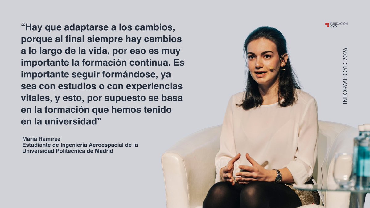 Fundacion_CYD's tweet photo. Compartimos una de las declaraciones de María Ramírez, estudiante de Ingeniería Aeroespacial de la @La_UPM, durante la presentación del #InformeCYD 2024.
Informe CYD 24➡️ https://t.co/ogEyXtcWT6 https://t.co/mGow8FzGoo
