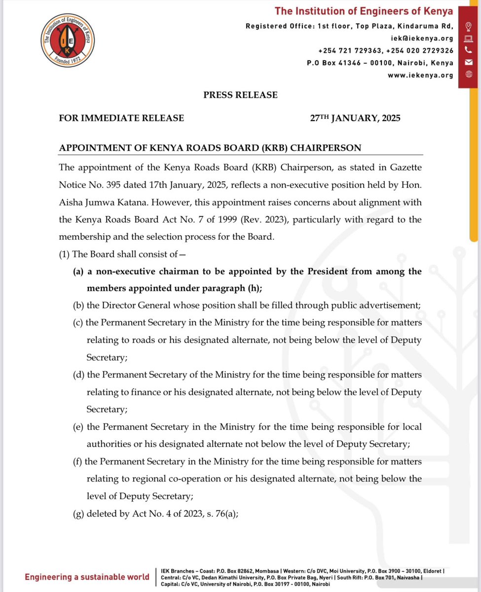 otienogallo's tweet photo. The concerns highlighted regarding the appointment of Hon. @HonJumwa to the position of Chairperson at the Kenya Roads Board (KRB) are indeed significant

@TheIEK_FLC @TheIEK @EngineersBoard @ACEK1968 @AcekFL_Kenya @shammahkiteme @bonifacemwangi @WillieOeba @Yzzaque @jameskarori https://t.co/lHWmnQc4NI