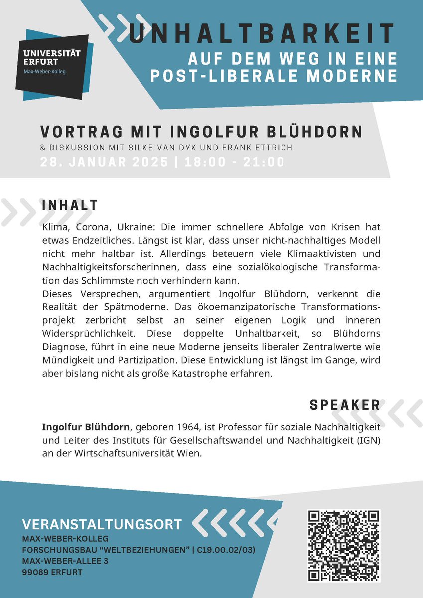 Wir sind derzeit dabei, unsere Präsenz in den sozialen Medien neu auszurichten. Weil es aber so gut passt: <a href="/BerlinerJournal/">@berlinerjournal.bsky.social</a> und MWK freuen sich, morgen (28.1., 18h) INGOLFUR BLÜHDORN in Erfurt zu begrüßen. Thema: „Unhaltbarkeit. Auf dem Weg in eine post-liberale Moderne“.