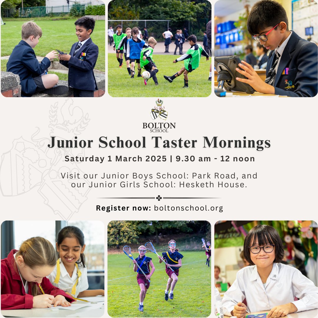 BoltonSch's tweet photo. Aspirational boys & girls in Y2-5 are invited to sample a #TasterMorning at our Junior Schools.
Children will enjoy a variety of taster lessons whilst families learn more about why a #BoltonSch education will offer your child the best start in life.
➡️https://t.co/YCeYw4a1pe https://t.co/xYsdZjZ7Lt