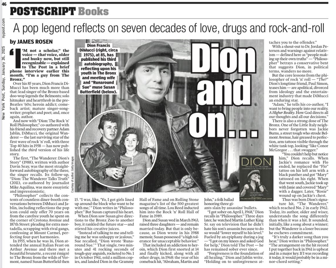 JamesRosenTV's tweet photo. The return, once more, of Dion DiMucci: my essay in the Sunday @nypost.

#TheWanderer
#RunaroundSue
#rocknroll
#TheBronx https://t.co/Vr8oElpzQf