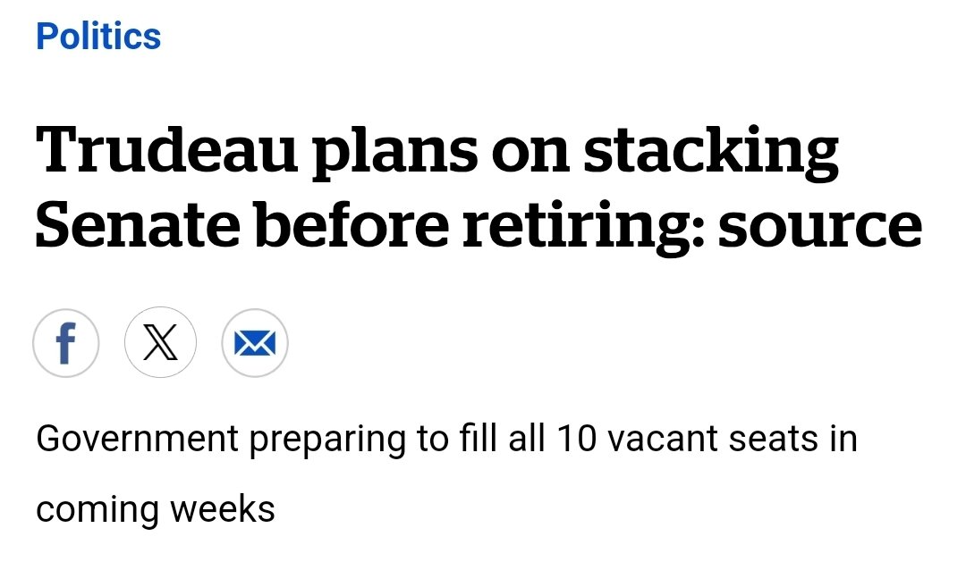 Trudeau, who as already "resigned" as Prime Minister, plans on stuffing the Senate with his buddies before he's actually gone.

This will block opportunities for meaningful change. This system is not tenable. It's corrupt.

Canada needs an elected Senate. Canada needs reform.