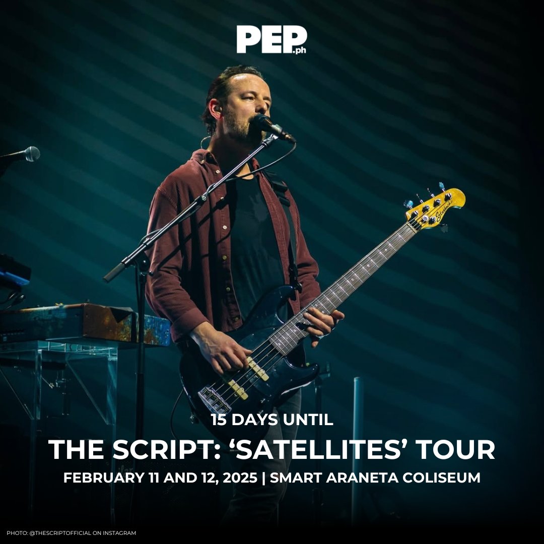 PEPalerts's tweet photo. Just 15 days left until The Script lights up Manila with their ‘Satellites’ World Tour! 🎤✨
Happening at the Smart Araneta Coliseum, Quezon City, on February 11 and 12, 2025. 🌟
Presented by Wilbros Live.
#TheScript #SatellitesWorldTour #TheScriptManila https://t.co/CgOLlcFpkJ