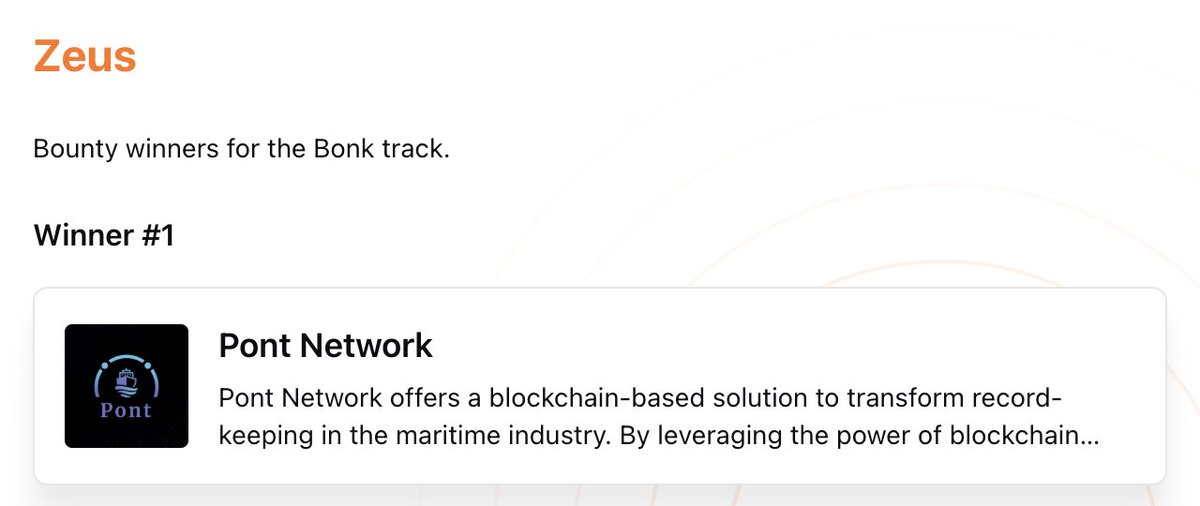 Pont Network (@pont_network) on Twitter photo After winning the <a href="/solana/">Solana</a> Tracks Bonus Bounty a couple of weeks ago, we are thrilled to announce that we have now been named the Zeus Bounty Winner for the Bonk Track! ππ₯
This incredible recognition was awarded during <a href="/TaipeiWeek/">Taipei Blockchain Week</a> 2024, organized by the outstanding team at After winning the <a href="/solana/">Solana</a> Tracks Bonus Bounty a couple of weeks ago, we are thrilled to announce that we have now been named the Zeus Bounty Winner for the Bonk Track! ππ₯
This incredible recognition was awarded during <a href="/TaipeiWeek/">Taipei Blockchain Week</a> 2024, organized by the outstanding team at
