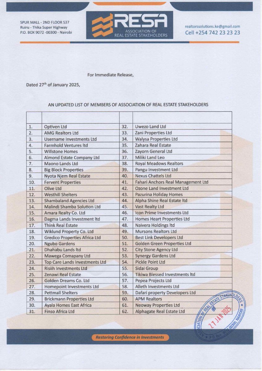 RealEstatesKE01's tweet photo. For Immediate Release;

To Confirm if a company is a member of Association of Real Estate Stakeholders, visit our website https://t.co/637CNWJ2qe, Call/WhatsApp 0742232323 or Send the name of the company to 23878. https://t.co/vtFcxUnkso