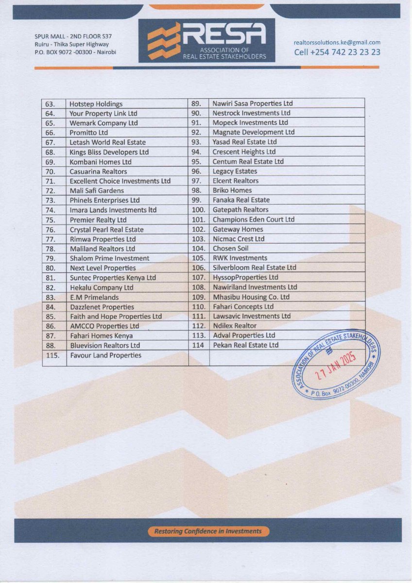RealEstatesKE01's tweet photo. For Immediate Release;

To Confirm if a company is a member of Association of Real Estate Stakeholders, visit our website https://t.co/637CNWJ2qe, Call/WhatsApp 0742232323 or Send the name of the company to 23878. https://t.co/vtFcxUnkso