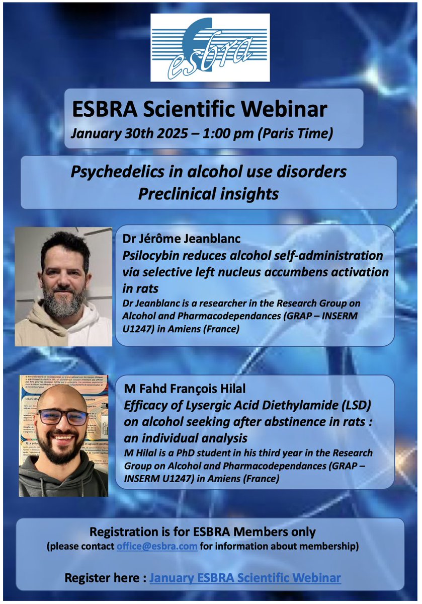 Recherche alcool (@recherchealcool) on Twitter photo 🇬🇧 Next ESBRA SOCIETY webinar: “Psychedelics in Alcohol Use Disorders – Preclinical Insights”
Dr. Jeanblanc 'the use of psilocybin in animal models of alcohol use disorder', M. F Hilal'the relevance of using LSD in AUD animal models'
For members only…: office@esbra.com 🇬🇧 Next ESBRA SOCIETY webinar: “Psychedelics in Alcohol Use Disorders – Preclinical Insights”
Dr. Jeanblanc 'the use of psilocybin in animal models of alcohol use disorder', M. F Hilal'the relevance of using LSD in AUD animal models'
For members only…: office@esbra.com