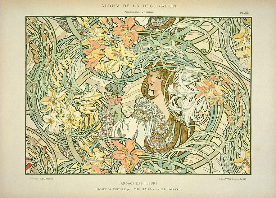 Language of Flowers by Alphonse Mucha, Plate 35 from Album de la Décoration, 1900. color lithograph.