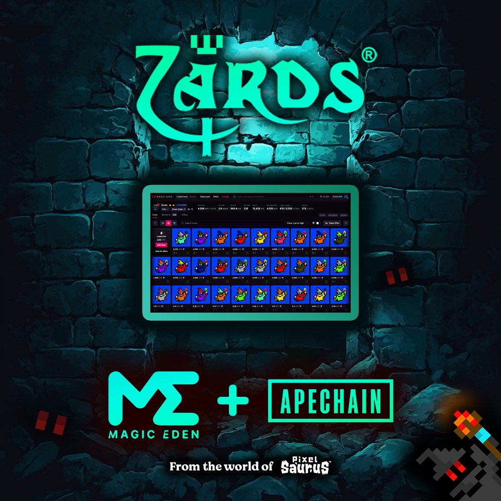 Join the magical world of Zards® on #ApeChain! 🧙‍♂️
🔗  magiceden.io/collections/ap…

🧙🏻  5000 original Zards® designs!
✨  Minted out FAST!
🌎  Part of a rich world of storytelling &amp; adventure!
🗺️  Metaverse Ready: #OtherSide #1116!
🪄  Training (staking) LIVE!
📃  FULL IP Rights!