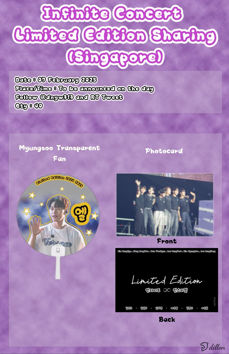 dnyw313's tweet photo. ♾️INFINITE 15th Anniversary concert <Limited Edition> Giveaway in Singapore🇸🇬 ♾️

Myungsoo transparent fan + Infinite photocard

💛Date : 7 Feb
💛Quantity : 40
💛Place and Time : To be announced 
💛Follow + RT this tweet 

#INFINITE #인피니트 #LIMITED_EDITION https://t.co/WjmPWwhGry