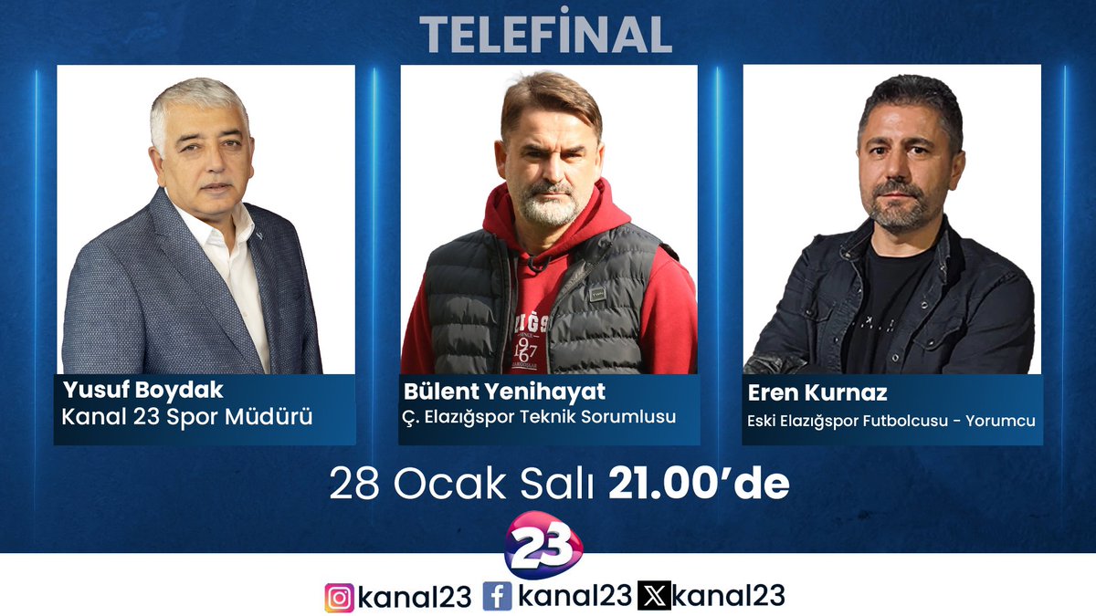 Kanal23HD's tweet photo. Kanal 23 Spor Müdürü Yusuf Boydak’ın sunumuyla 28 Ocak Salı günü saat 21.00’de yayınlanacak Telefinal’in konukları “Ç. Elazığspor Teknik Sorumlusu Bülent Yenihayat ve Eski Elazığspor Futbolcusu – Yorumcu Eren Kurnaz ” olacak.
#elazığ #kanal23 #telefinal https://t.co/arkcuZr3L3