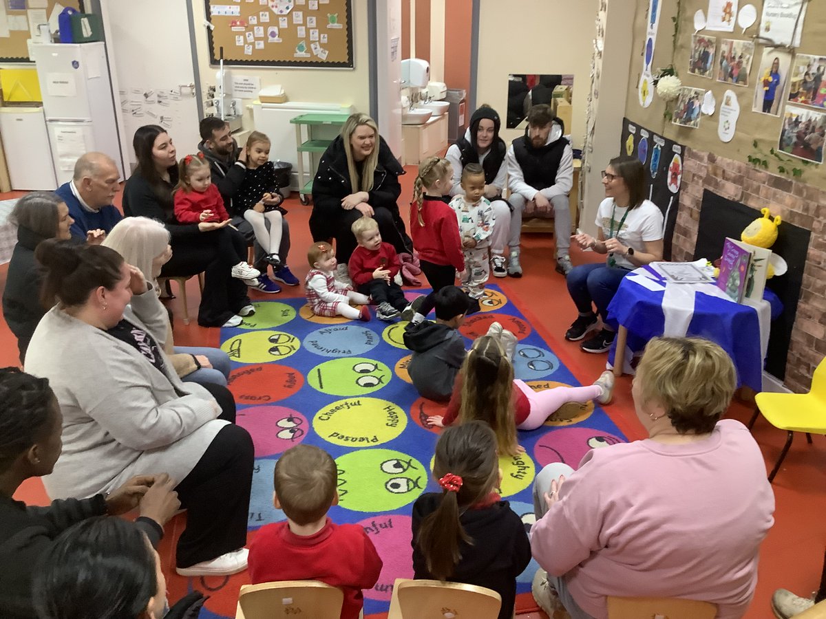 DeansNorth's tweet photo. Wow what a turn out at nursery Bookbug this morning. We went back in time and sang some traditional songs and rhymes to celebrate Rabbie Burns day. We then read The Grinny Granny Donkey story which was great fun. Thank you to all the parents and carers. who came along! https://t.co/Bx4WVKEN73