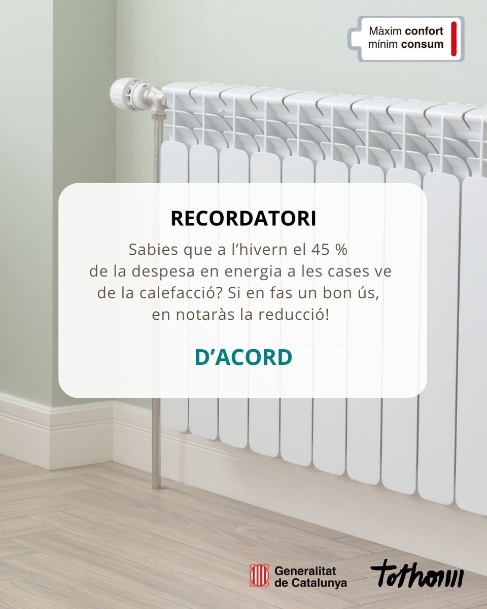 energiacat's tweet photo. 🔋 Màxim comfort, mínim consum!

Sabies que a l'hivern el 45 % de la despesa en energia a les cases ve de la #calefacció?  Si en fas un bon ús, en notaràs la reducció! 🔥

👉🏾 Fem servir el sentit comú!

https://t.co/UA244WvaTB https://t.co/SBxQU5Sk2q