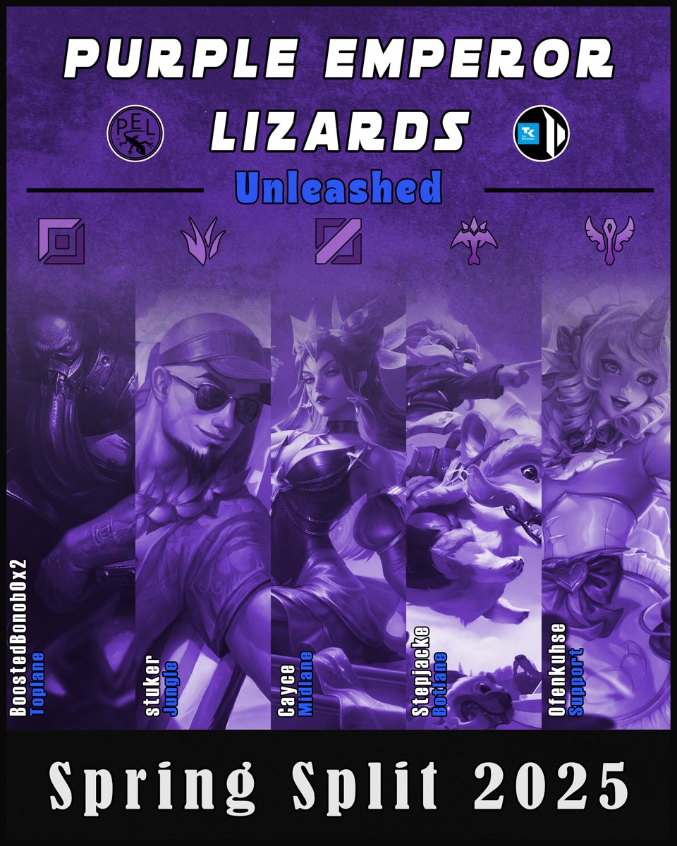 LizardsPurple's tweet image. Auch unsere #UnleashedLizards sind wieder dabei und begrüßen eine neue Topside! Mal schauen, ob auch diesen Split Playoffs drin sind.

Das Roster:

⬆️: #BoostedBonob0x2
🏕️: #Stuker
➡️: #Cayce
🏹: #Stepjacke
🩺: #Ofenkuhse