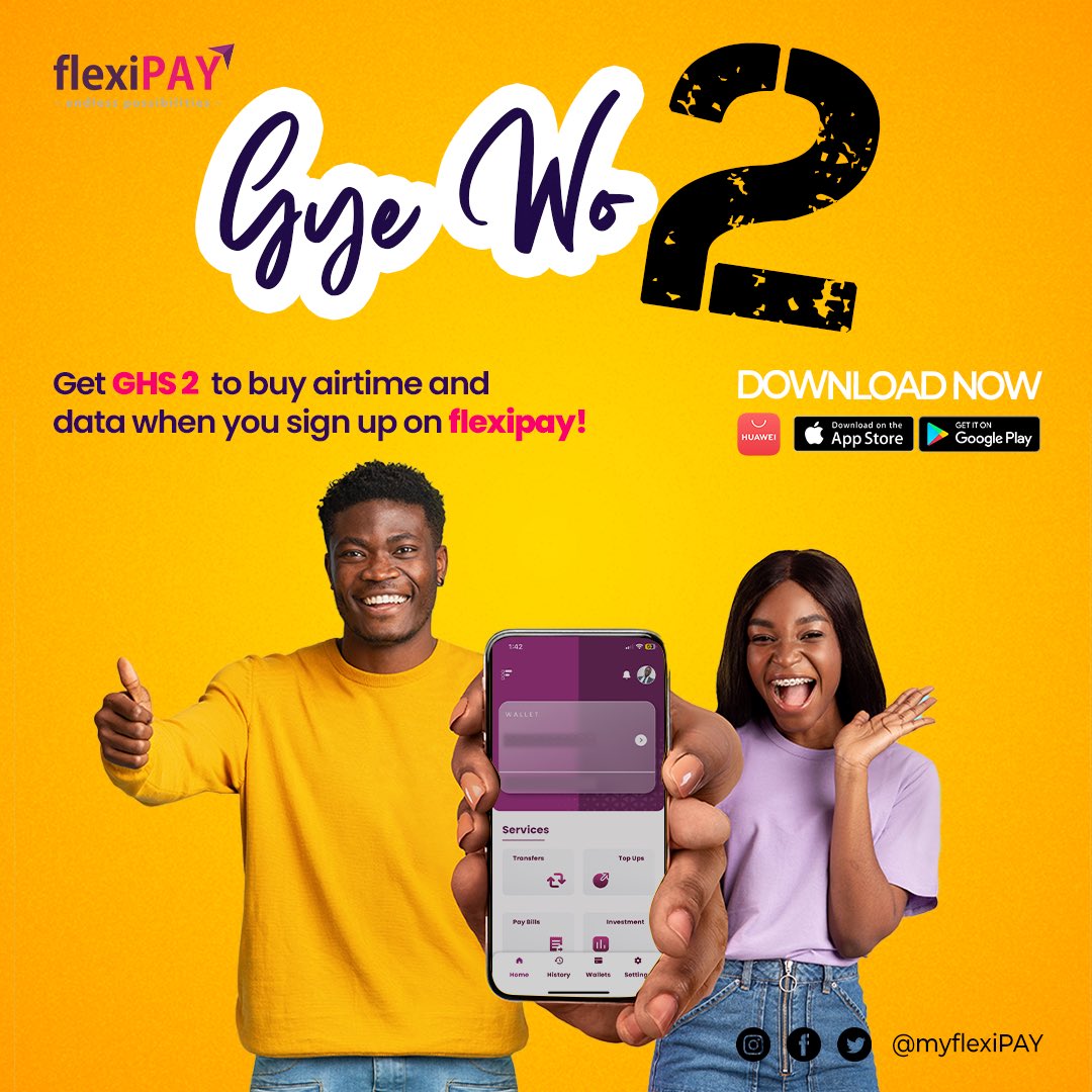 GYE WO TWO! Sign up on FlexiPAY now and grab your FREE GHS 2 airtime or data! Don't wait, download the flexipay today and enjoy endless possibilities! 

#FlexiPAY #GyeWo2 #FreeData #EasyTransactions" #trending #TopUp #payment #CashlessSociety