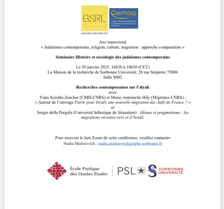 Sebastien Mosbah Natanson (@natanson1978) on Twitter photo Ce jeudi 30/01 : nouvelle séance du séminaire « Histoire et sociologie des judaïsmes contemporains » <a href="/gemass_socio/">GEMASS_SOCIO</a> <a href="/LaboGSRL/">GSRL</a> Ce jeudi 30/01 : nouvelle séance du séminaire « Histoire et sociologie des judaïsmes contemporains » <a href="/gemass_socio/">GEMASS_SOCIO</a> <a href="/LaboGSRL/">GSRL</a>