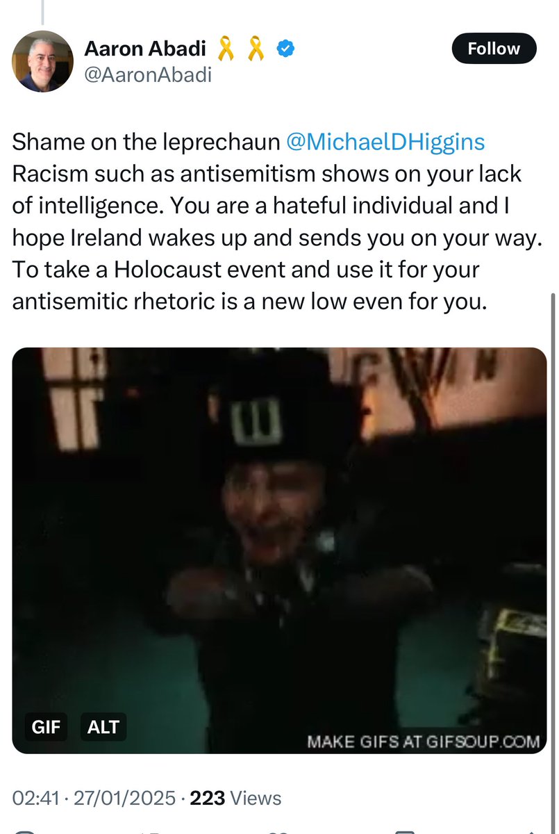 DrDaveCampbell's tweet image. Racism directed against Jewish people, even where there wasn’t any, isn’t okay but racism against Irish people is fine, according to this New York guy  🙄 #MichaelDHiggins