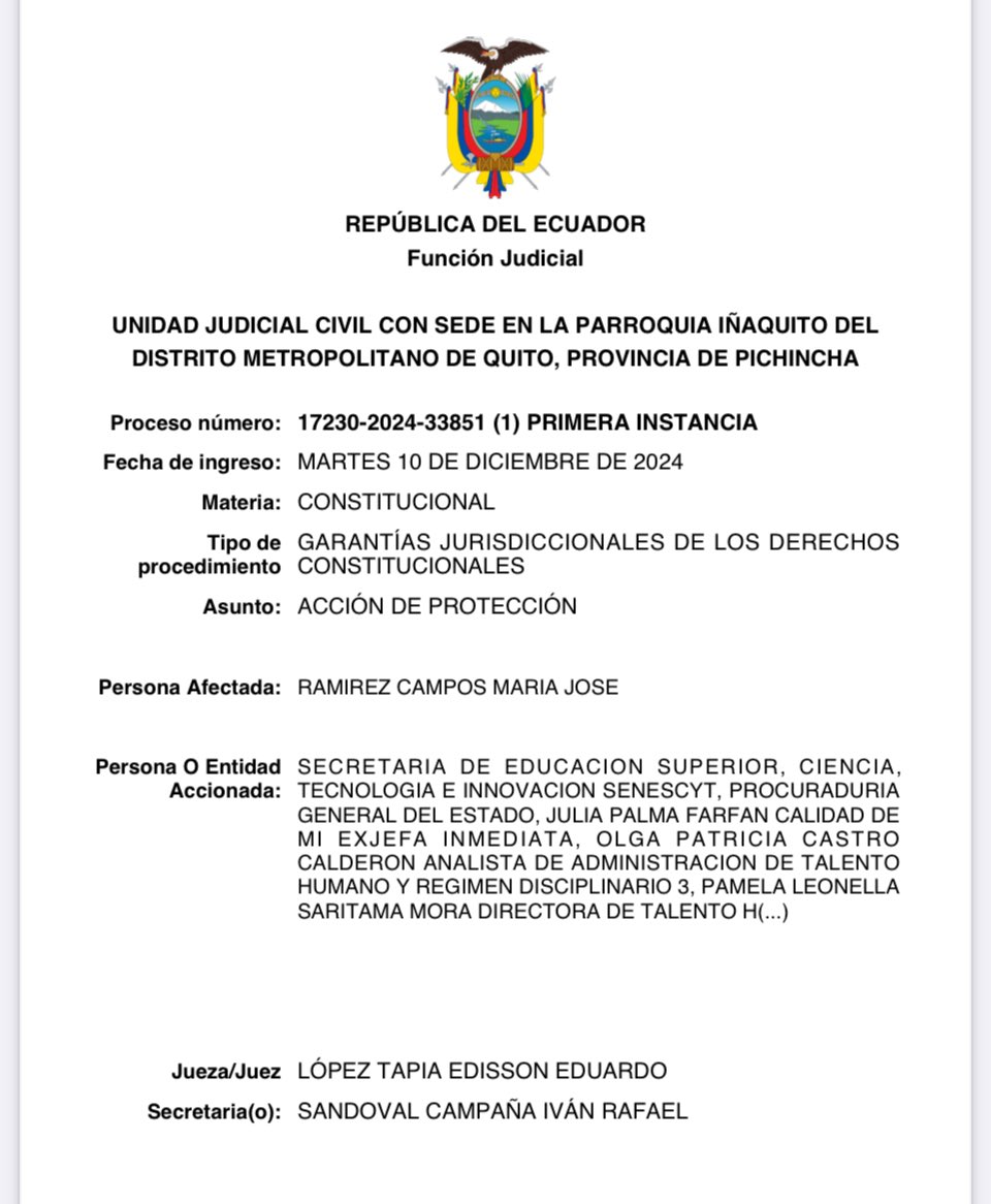 Drwandradee's tweet photo. 🚨ABUSOS EN LA SENECYT|| controlada por DIANA JÁCOME se VIOLAN derechos de personas en situación de vulnerabilidad con enfermedades catastróficas y los funcionarios directivos se amparan en la amistad que tienen con la EX asesora y hoy candidata a la asamblea de Mr. Daniel Noboa ADN🧵
1) Ma. José Ramírez fue despedida en periodo de lactancia y con diagnóstico de enfermedad catastrófica, todo por reclamar el porqué la amiga íntima de Jácome Julia Palma  @Lulapalma1 no cumple con su horario y trabajo y hoy incluso asigna a personal para que participe en su campaña electoral. 
2) Esta emitió un informe al director de la @EduSuperiorEc César Vásquez @cesarvasquez_ec y con base en este, es despedida a pesar de su condición de doble vulnerabilidad. Violando también su derecho al debido proceso. Generando con ello el pago de la protección económica. Pero dañando su hoja de vida y afectándola psicológicamente por daño moral. 
3) En la institución los funcionarios y empleados viven condicionados por los altos funcionarios colocados por Jácome y los abusos que se comenten prevalidos en la amistad con ella. En días recientes se ha producido otro despido a otra persona con vulnerabilidad. 
4) Hoy tendrá lugar la reinstalación de la audiencia de la AP que patrocinamos pues no se trata de dinero sino de derechos; y de combatir el abuso fundado en relaciones de poder. 
5) Se ha denunciado que también se están utilizando recursos públicos en la campaña de la candidata a asambleísta de @Adnecuadorok…
#YaBasta #NoboaNuncaMás 
#NadieEstáSobreLaLey