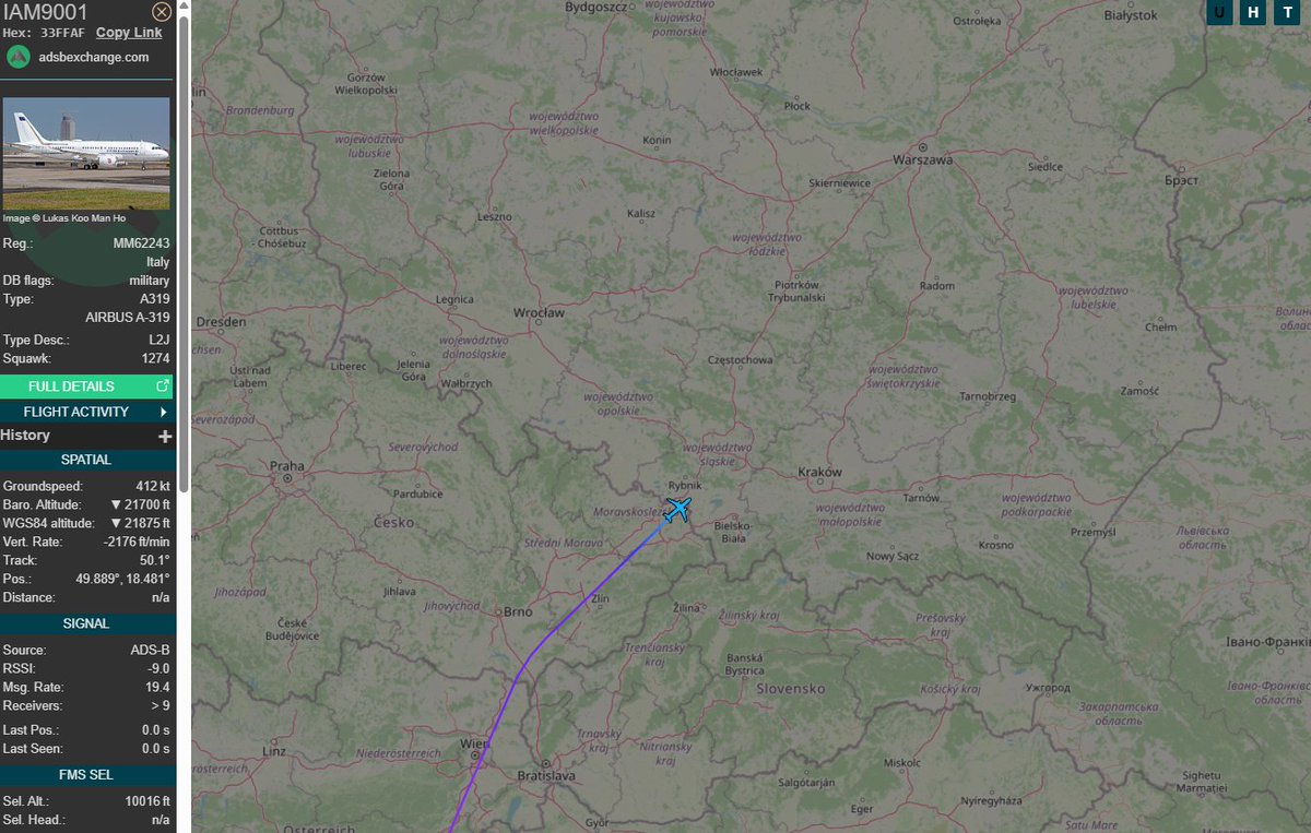 PolishMilRadar's tweet photo. ⌚️27.01 12:55Z
🇮🇹Italian Air Force
✈️Airbus VC-319A #MM62243
#IAM9001 on descent ↘️
🛫Rome Airport #LIRA
🛬Katowice Airport #EPKT
https://t.co/m53suYvKUq
Italy delegation at #Auschwitz80 https://t.co/wXpFU3orE8