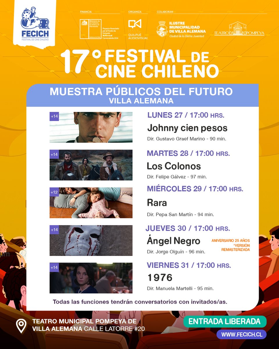 #Villalemana Mira estas películas de género y conoce más del cine chileno, sus temáticas y tratamientos cinematográficos

🗓️ Del lunes 27 al viernes 31 de enero
⏰ A las 17:00 horas
📍 Teatro Municipal Pompeya

Financia <a href="/culturasvalpo/">Culturas Valparaíso</a> 
Colaboran <a href="/EFEValparaiso/">Tren Limache-Puerto</a> <a href="/Munivillalemana/">Municipalidad de Villa Alemana</a>