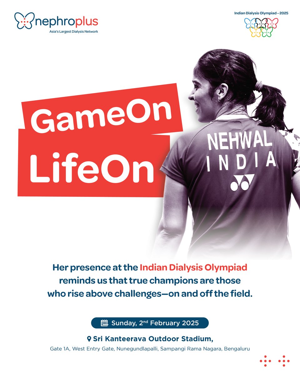 nephroplus's tweet photo. Saina Nehwal’s presence at the Indian Dialysis Olympiad 2025 is a powerful reminder that true champions aren’t just made on the court but in the way they face life’s challenges. Are you ready?
#NephroPlus #WillToWin #GameOnLifeOn #IDO2025 #sainanehwal https://t.co/So1FQBJkmn