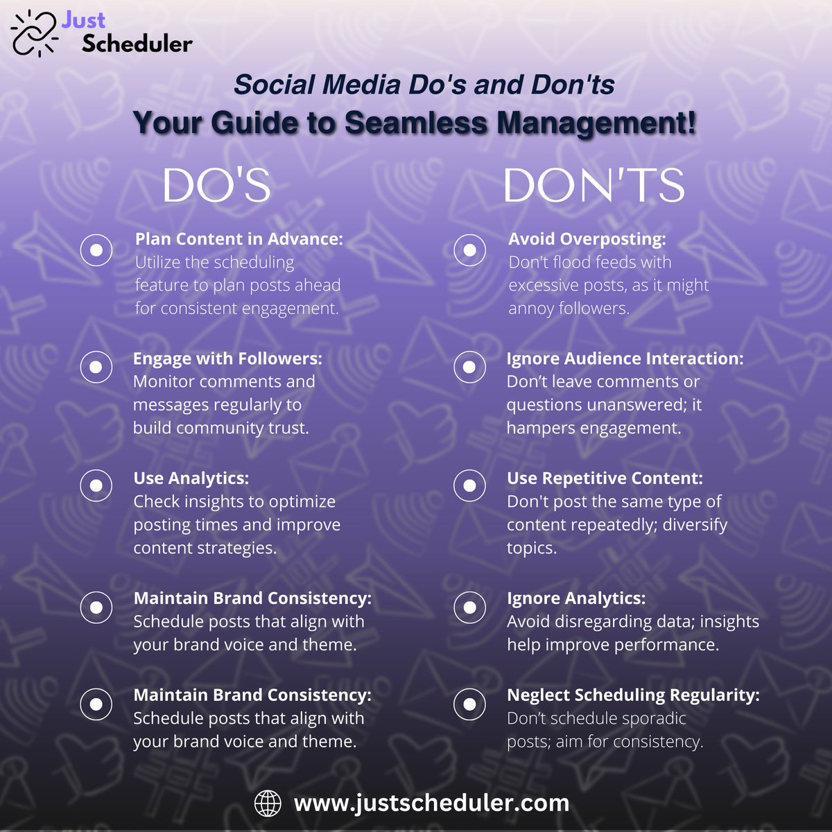 JustScheduler's tweet photo. Master social media management with ease! Follow these simple do's and avoid the don'ts to keep your strategy efficient and impactful. 

#socialmediatips #justscheduler #doanddontsb #socialmediamanagementtool https://t.co/x5UcUXuO9e