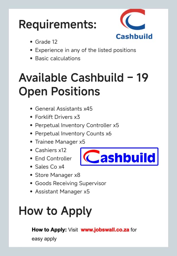Do you have Matric and want to work with Cashbuild? NO EXPERIENCE IS NEEDED

Cashbuild is Hiring 🔥 

Salary: R10,200 - 15,900

Requirements 
Minimum Grade 10 or NQF 3 and 1 (one) year work related experience or
Grade 12 without related work experience

Link to apply:
