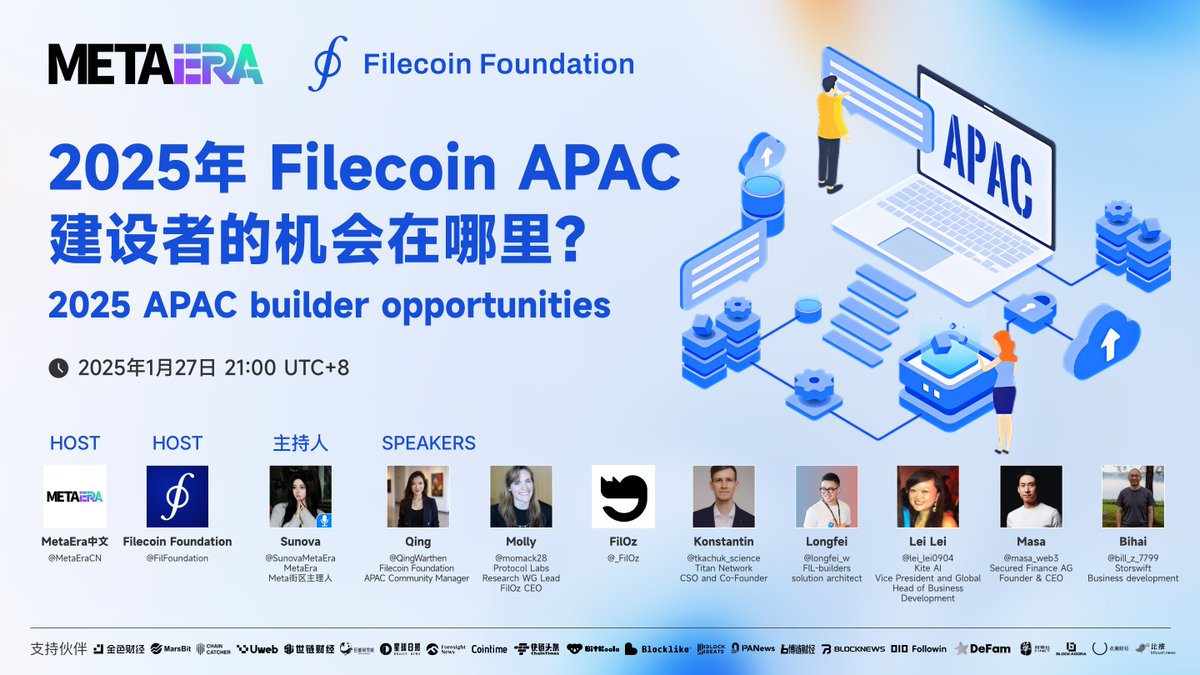 MetaEraHK's tweet photo. 🔥 2025 #Filecoin APAC Builders Opportunities

⏰ Time & Date: 1.27 21:00 UTC+8 / 1.27 08:00 EST
🔗 Spaces Link: https://t.co/d7ZddI0EBJ
🤖 Translation Room: https://t.co/QrHy8ZD54D

✨ Hosts & Moderator:
@MetaEraCN, @FilFoundation, @SunovaMetaEra
🎙️ Speakers:
@QingWarthen, @momack28, @_FilOz, @tkachuk_science, @longfei_w, @lei_lei0904, @masa_web3, @bill_z_7799

👉 Major Topic:
Opportunities for APAC Builders in 2025
#Gas updates

👉 Key Areas of Focus:
a. Data Marketplace
b. AI Agents
c. #Stablecoins
d. Cross-Chain Integration