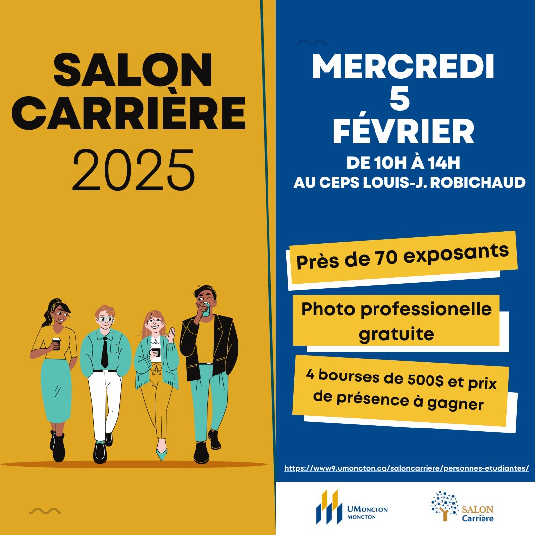 ÉVÉNEMENT | Le Salon Carrière fait son grand retour cet hiver à l'Université de Moncton ! 💼

Rendez-vous le mercredi 5 février entre 10h et 14h au CEPS Louis-J. Robichaud pour rencontrer de nombreux employeurs !