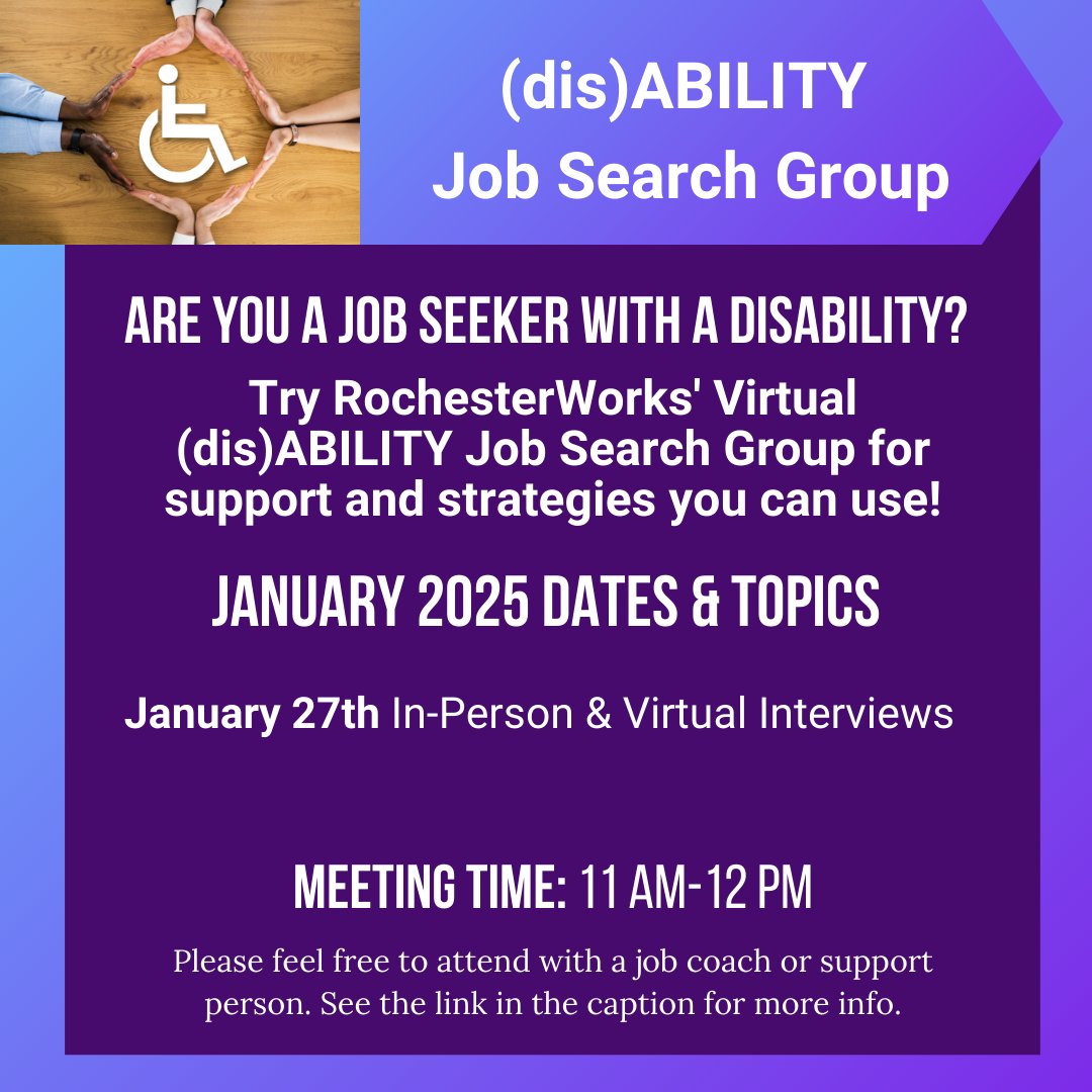 RochesterWorks's tweet photo. JOB SEEKERS! Sharpen your interview skills with our Disability Resource Coordinator, Lindsay Murphy, and meet other job seekers like you!
Sign Up: https://t.co/faYEM09sOm
#Inclusion #JobStrategyGroups #CareerSupport #DisabledWorkers #VirtualJobSearchGroups https://t.co/4GWaPtgwZK