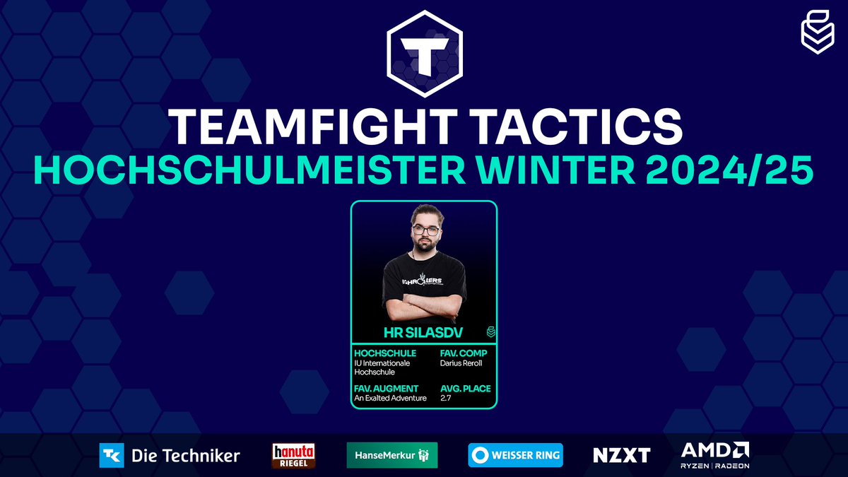 Wir haben einen neuen (alten) HOCHSCHULMEISTER 🎉

Herzlichen Glückwunsch an <a href="/silas_dv/">HR SilasDV</a> zum erneuen Titel in Teamfight Tactics 🏆️