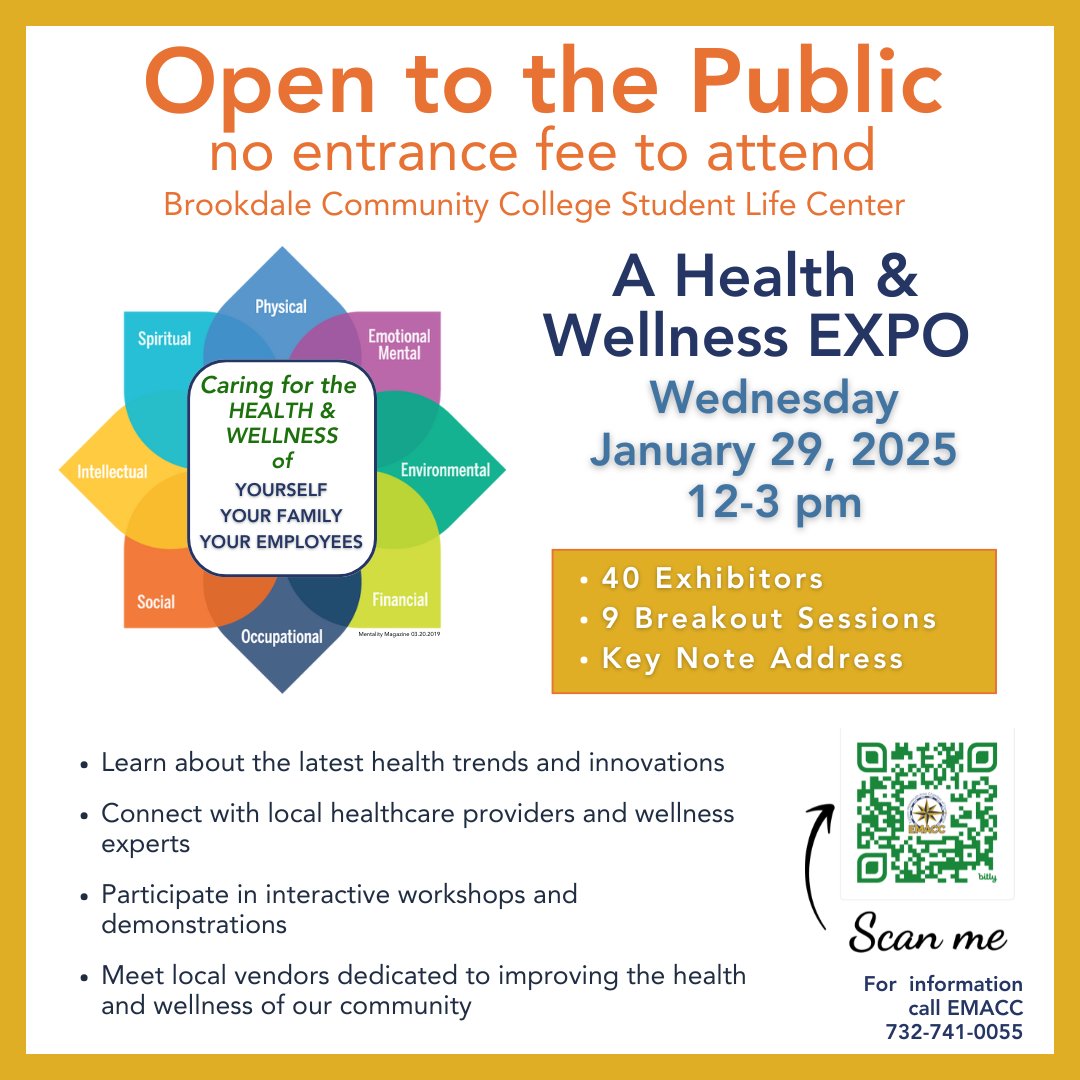 EMACCNJ's tweet photo. WEDNESDAY! EMACC's FREE Health & Wellness Expo! 🗓️ Jan 29th at Brookdale Community College. 💪 Explore wellness topics, connect with local businesses, and boost your well-being! #EMACC #WellnessExpo Visit https://t.co/sjxmvfHho1 for event information and registration. https://t.co/gVnI5uN26u