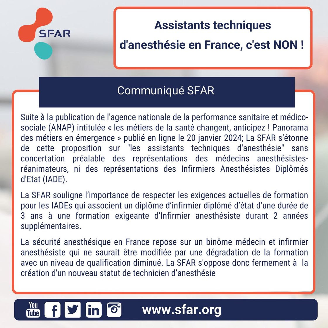 SFAR Anesthésie Réanimation (@sfar_org) on Twitter photo 🚨 Communiqué de la SFAR suite à la publication de l’<a href="/anap_sante/">ANAP</a> du 16/01/2025 sur le "panorama des métiers en émergence".
@IADE_de_France <a href="/Sante_Gouv/">Ministère de la Santé et de l'Accès aux soins</a> <a href="/SNIA75/">SNIA : Syndicat Nal des #IADE</a> <a href="/SOFIA_iade/">SOFIA</a> <a href="/AJARFrance/">AJAR France 🇫🇷</a> <a href="/SNPHARE/">SNPHARE</a> <a href="/SNJeunesAR/">Syndicat National des Jeunes Anesth-Réa</a> <a href="/SFARJeunes/">SFAR Jeunes</a> <a href="/yannickneuder/">Dr. Yannick Neuder</a> <a href="/jeunesMIR/">ANJMIR</a> <a href="/ISNItwit/">ISNI - InterSyndicale Nationale des Internes</a> <a href="/cnear_fr/">CNEAR Anesthésie Réanimation</a> <a href="/SyndicatSnarf/">SNARF</a> 🚨 Communiqué de la SFAR suite à la publication de l’<a href="/anap_sante/">ANAP</a> du 16/01/2025 sur le "panorama des métiers en émergence".
@IADE_de_France <a href="/Sante_Gouv/">Ministère de la Santé et de l'Accès aux soins</a> <a href="/SNIA75/">SNIA : Syndicat Nal des #IADE</a> <a href="/SOFIA_iade/">SOFIA</a> <a href="/AJARFrance/">AJAR France 🇫🇷</a> <a href="/SNPHARE/">SNPHARE</a> <a href="/SNJeunesAR/">Syndicat National des Jeunes Anesth-Réa</a> <a href="/SFARJeunes/">SFAR Jeunes</a> <a href="/yannickneuder/">Dr. Yannick Neuder</a> <a href="/jeunesMIR/">ANJMIR</a> <a href="/ISNItwit/">ISNI - InterSyndicale Nationale des Internes</a> <a href="/cnear_fr/">CNEAR Anesthésie Réanimation</a> <a href="/SyndicatSnarf/">SNARF</a>