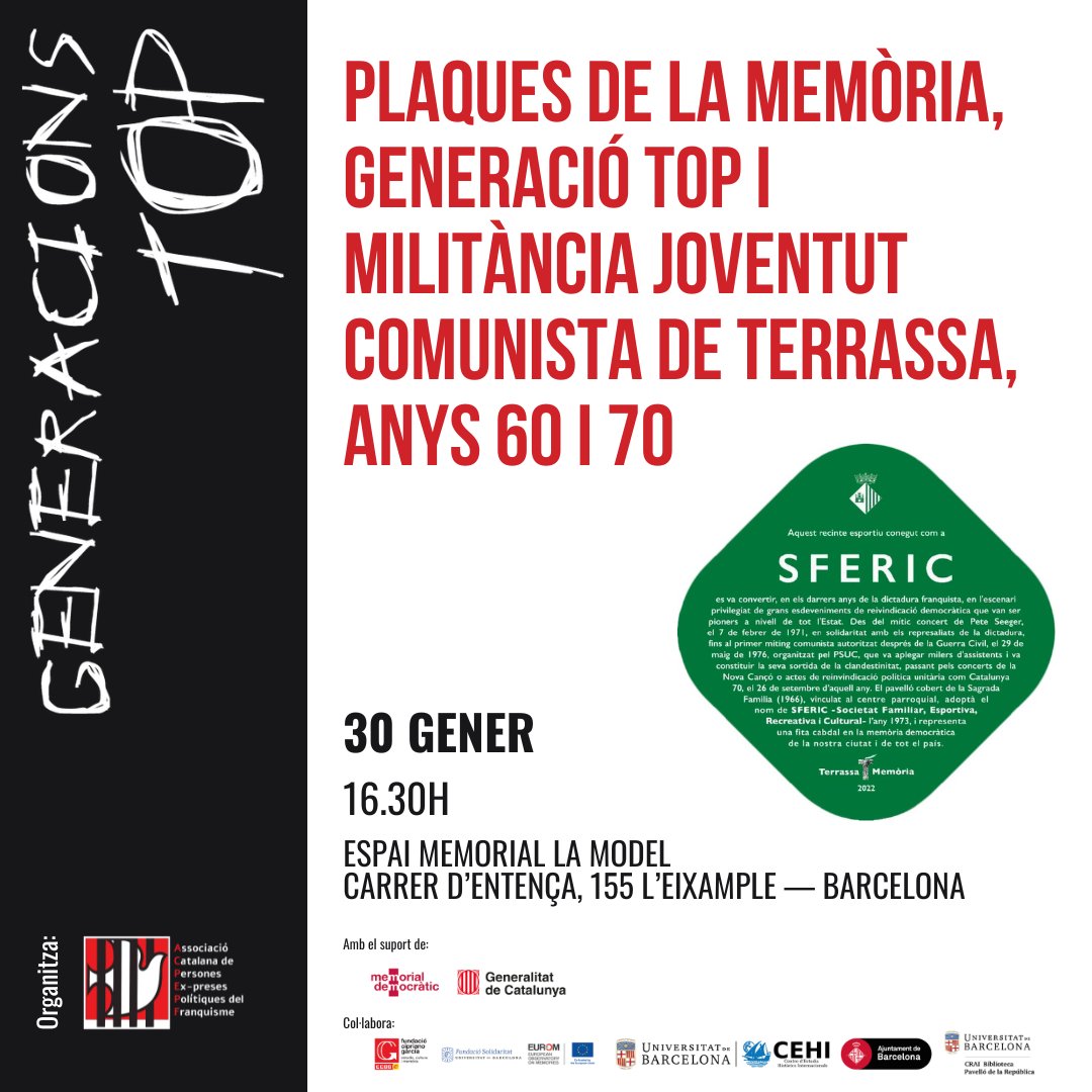 No coneixies les plaques de memòria de #Terrassa? Aquest és el moment!

Vine a la xerrada sobre plaques de la memòria, #generaciótop i militància de la joventut comunista de Terrassa als anys 60 i 70. T'hi esperem!

🗓 30 de gener
🕚 16:30h
📍 A La Model #Barcelona