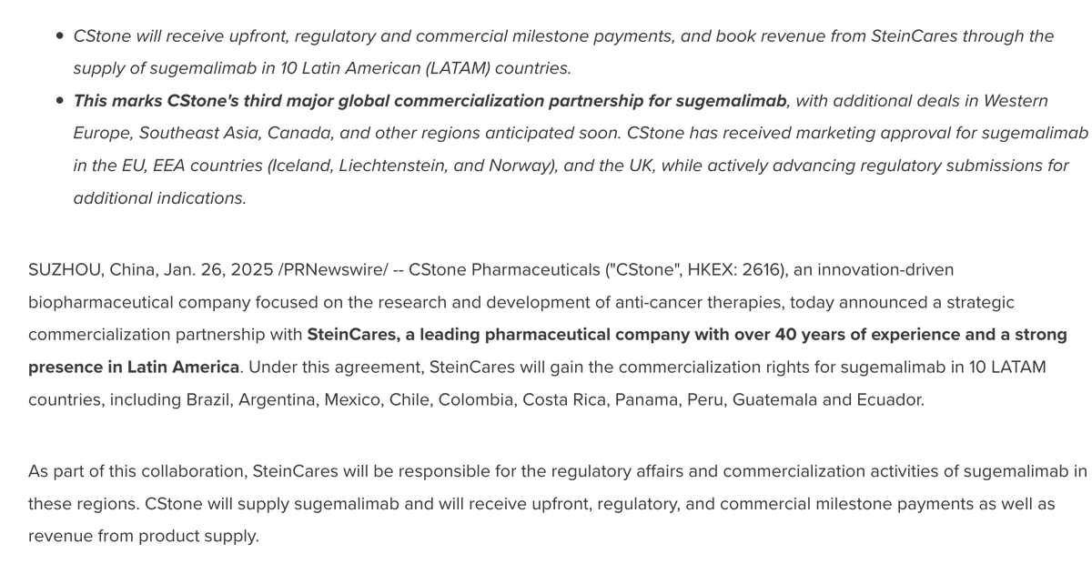 chuminhua432's tweet photo. 🇨🇳 #CStone Partners with SteinCares to Market #Sugemalimab in Latin America https://t.co/xLcqtHGZEg https://t.co/drao3Ko4Or