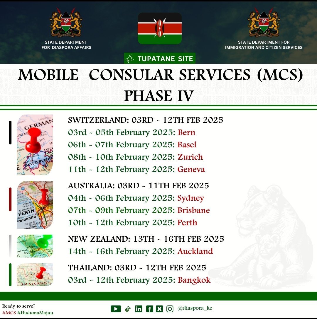 𝐌𝐎𝐁𝐈𝐋𝐄 𝐂𝐎𝐍𝐒𝐔𝐋𝐀𝐑 𝐒𝐄𝐑𝐕𝐈𝐂𝐄𝐒(𝐌𝐂𝐒) 𝐏𝐇𝐀𝐒𝐄 𝐈𝐕

📍-Australia, New Zealand, Switzerland &amp; Thailand. 

#MCSIV #HudumaMajuu