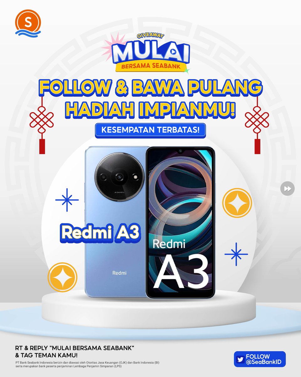 SeaBankID's tweet photo. KESEMPATAN TERAKHIR: XIAOMI REDMI A3! 🐰
#MulaiBersamaSeaBank

Caranya cuma:
1. FOLLOW TWITTER @SEABANKID
2. LIKE &amp; RT Tweet ini
3. REPLY "MULAI BERSAMA SEABANK" sebanyak 10x
4. TAG TEMANMU

CEK selengkapnya di slide ke 2! ✌🏻 https://t.co/2ulLhNsLqR