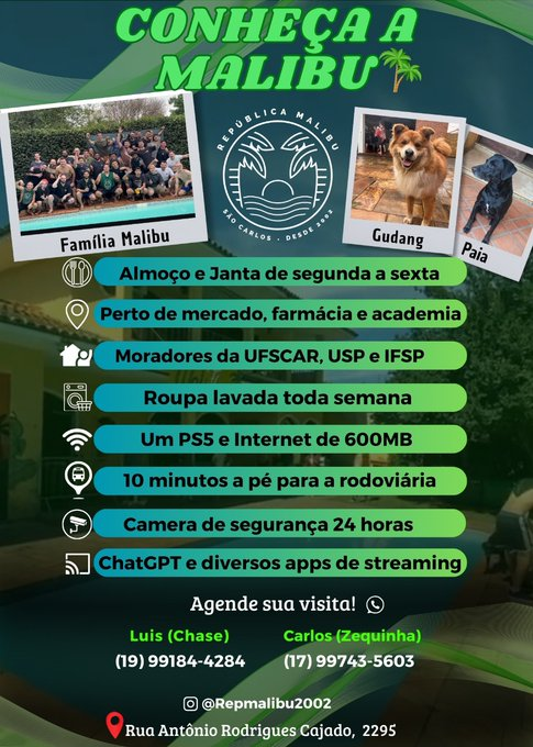 RaulMBarros's tweet photo. @felipemaronezi Parabéns pela aprovação, bixão! Se for se mudar pra São Carlos e estiver procurando moradia, venha conhecer a Malibu! https://t.co/36RZZnvS8L
