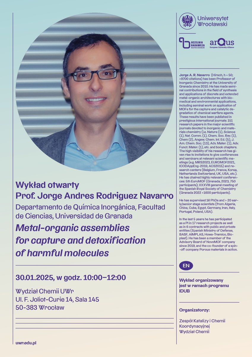 UNIWROC Chemistry (@wch_uwr) on Twitter photo We would like to kindly invite you to our open Faculty seminar. Our special guest will be Prof. <a href="/JorgeAR_Navarro/">Jorge Navarro</a> from <a href="/CanalUGR/">Universidad Granada</a>. Save the date!Thursday, Jan 30th, 2025, 10:00: chem.uwr.edu.pl/wydarzenia/sem… <a href="/uniwroc/">UNIWROC</a> <a href="/badawczyuniwroc/">Badawczy UWr</a> #IDUB We would like to kindly invite you to our open Faculty seminar. Our special guest will be Prof. <a href="/JorgeAR_Navarro/">Jorge Navarro</a> from <a href="/CanalUGR/">Universidad Granada</a>. Save the date!Thursday, Jan 30th, 2025, 10:00: chem.uwr.edu.pl/wydarzenia/sem… <a href="/uniwroc/">UNIWROC</a> <a href="/badawczyuniwroc/">Badawczy UWr</a> #IDUB