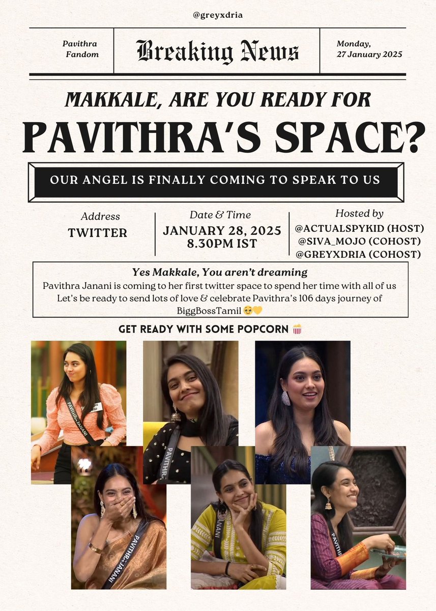 Dear pavi squad🤍
Join us #LIVE for a space on #Tuesday 28th JAN 2025 at 8:30PM IST
Share your favorite attributes of <a href="/Pavithrajaanani/">Pavithrajanani</a> 🫶
What you most like in her or about her❤
Hosted by <a href="/actualspykid/">Hakuna matata :)</a>
Co-hosted by <a href="/siva_mojo/">SIVA🤞</a> <a href="/greyxdria/">shroov</a>
Come, Let's have some fun talking!