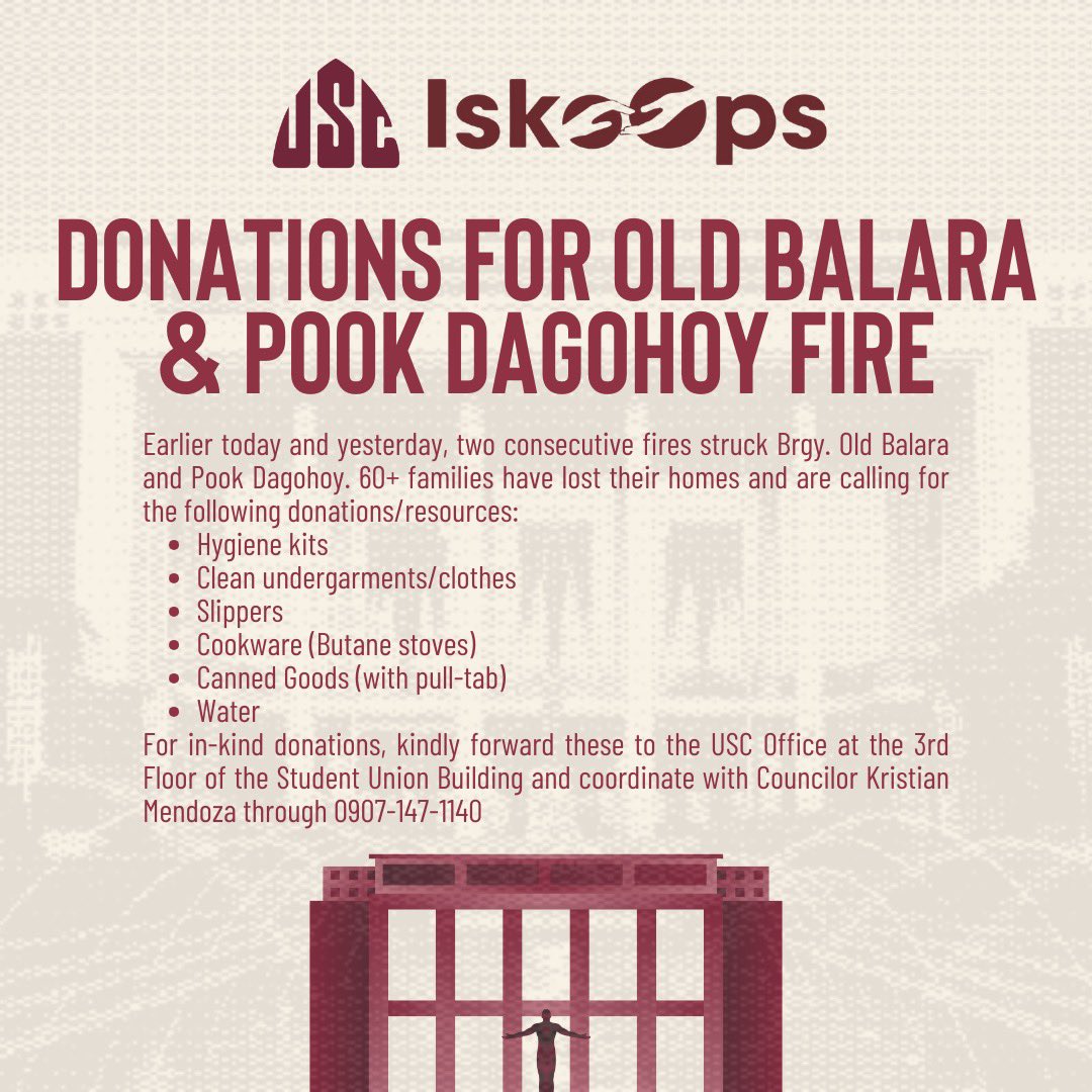 USCUPDiliman's tweet photo. #ISKOOPS | Earlier today and yesterday, two consecutive fires struck Brgy. Old Balara and Pook Dagohoy, commuinities within and nearby the UP Diliman Campus where many of our students, jeepney drivers, security guards, faculty, and other community members reside. https://t.co/rLu5wH6GC6